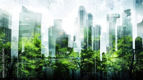 Double exposure of lush green forest and modern skyscrapers windows of building, Green city concept