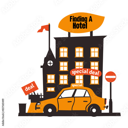 Flat vector logo of the three hotel buildings and yellow taxi car, simple minimalistic style