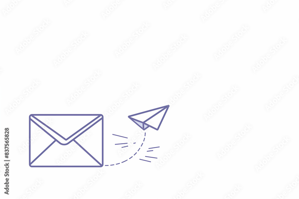 enveloppe représentant un courriel (E-mail - email ou mail), courrier électronique partant à destination d'un autre ordinateur, avec un avion en papier symbolisant le trajet. Fond blanc copyspace enveloppe représentant un courriel (E-mail - email ou mail), courrier électronique partant à destination d'un autre ordinateur, avec un avion en papier symbolisant le trajet. Fond blanc copyspace
