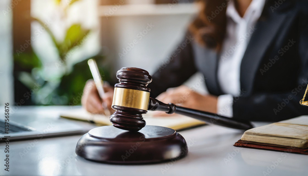 wooden judge's gavel and block on a white table symbolize justice and authority, with a blurred lawyer's hand in the office background, representing legal work and the judicial process wooden judge's gavel and block on a white table symbolize justice and authority, with a blurred lawyer's hand in the office background, representing legal work and the judicial process
