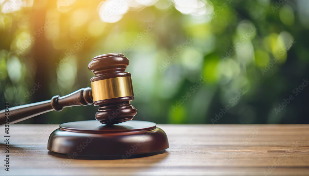 wooden judge's gavel and block on a white table symbolize justice and authority, with a blurred lawyer's hand in the office background, representing legal work and the judicial process wooden judge's gavel and block on a white table symbolize justice and authority, with a blurred lawyer's hand in the office background, representing legal work and the judicial process