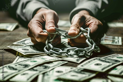 Dramatic image of hands chained to a pile of money, depicting the concept of financial bondage and the constraints of debt. photo