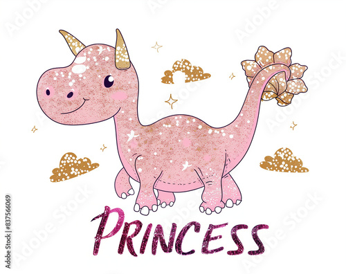 dinosaure fille  rose et paillet   dor   type Ankylosaurus  avec des nuages autour et le texte en anglais  Princess  paillet   rose sur fond blanc.