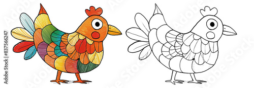Chicken coloring page with colorful reference  colorful cartoon Illustration of  a black and white outline drawing Rooster and fully colored version. Cute Animal coloring book page for kid