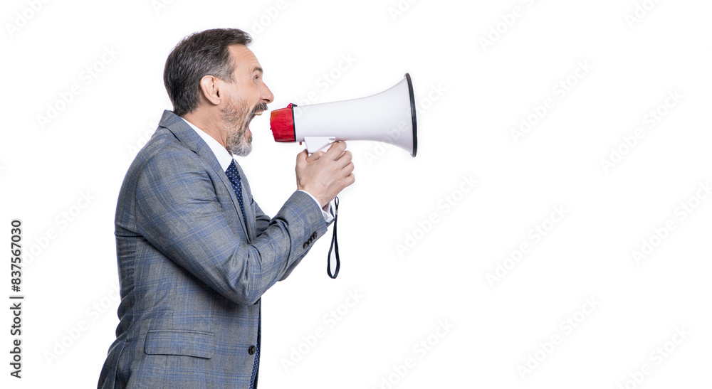 Businessman man shouting in business conflict with loudspeaker isolated on white Businessman man shouting in business conflict with loudspeaker isolated on white