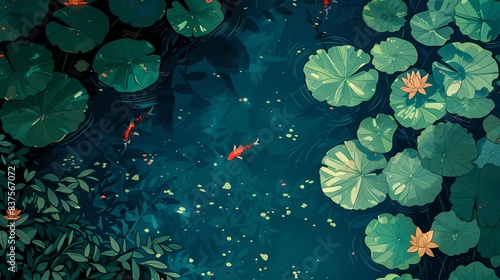 lotus leaves on the lake and little red fish illustration poster background 
 photo