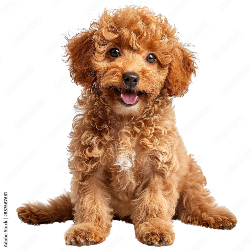 Adorable curly haired brown puppy sitting and smiling, isolated on a white background. Perfect image for pet and animal lovers., transparent background Adorable curly haired brown puppy sitting and smiling, isolated on a white background. Perfect image for pet and animal lovers., transparent background
