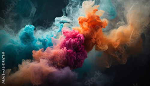 vibrant, swirling dance of colorful smoke elegantly contrasts against a deep, mysterious black canvas, creating a mesmerizing, ethereal visual feast. Perfect for banners and artistic concepts © Your Hand Please