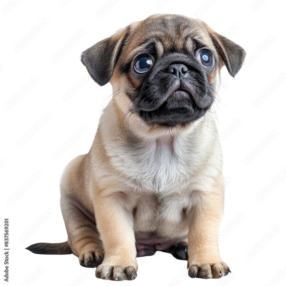 Cute beige pug puppy with large eyes and folded ears sitting and looking upwards on a white background., transparent background Cute beige pug puppy with large eyes and folded ears sitting and looking upwards on a white background., transparent background