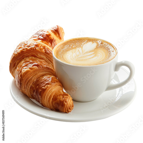 Delicious flaky croissant paired with a frothy cappuccino on a white plate, perfect for a tasty breakfast or a coffee break., transparent background