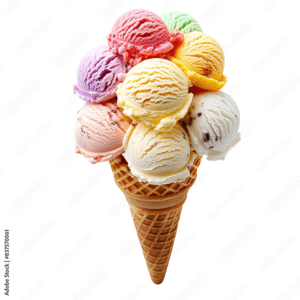 Colorful ice cream cone with multiple scoops of different flavors, isolated on white background. Perfect for summer and dessert themes., transparent background Colorful ice cream cone with multiple scoops of different flavors, isolated on white background. Perfect for summer and dessert themes., transparent background