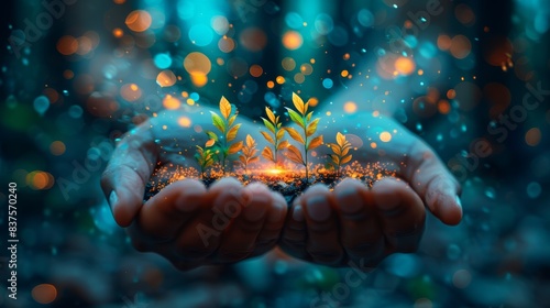Close-up of hands nurturing small plants with vibrant colors and bokeh background, symbolizing growth, care, and nature. photo