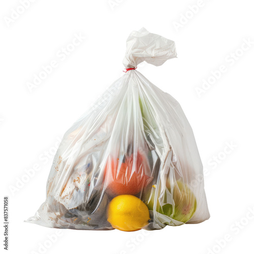 Plastic garbage bag filled with food waste, isolated on white background. Concept of waste management and environmental awareness. , transparent background