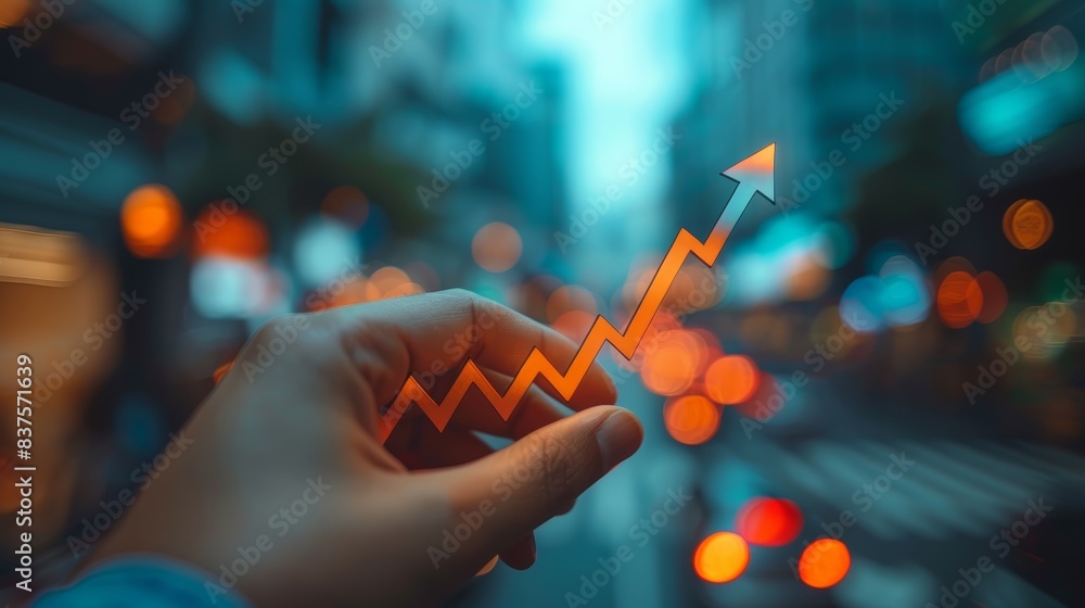 Hand holding an orange arrow pointing upwards, symbolizing growth and ...