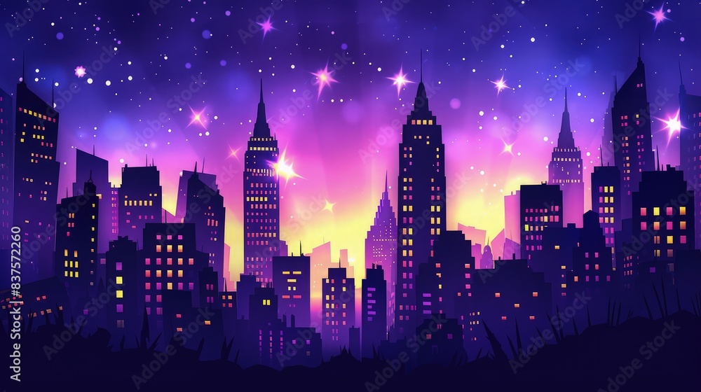 A detailed paper cut work skyline featuring neon-lit buildings and skyscrapers, silhouetted against a bright purple night sky with glowing stars. A detailed paper cut work skyline featuring neon-lit buildings and skyscrapers, silhouetted against a bright purple night sky with glowing stars.