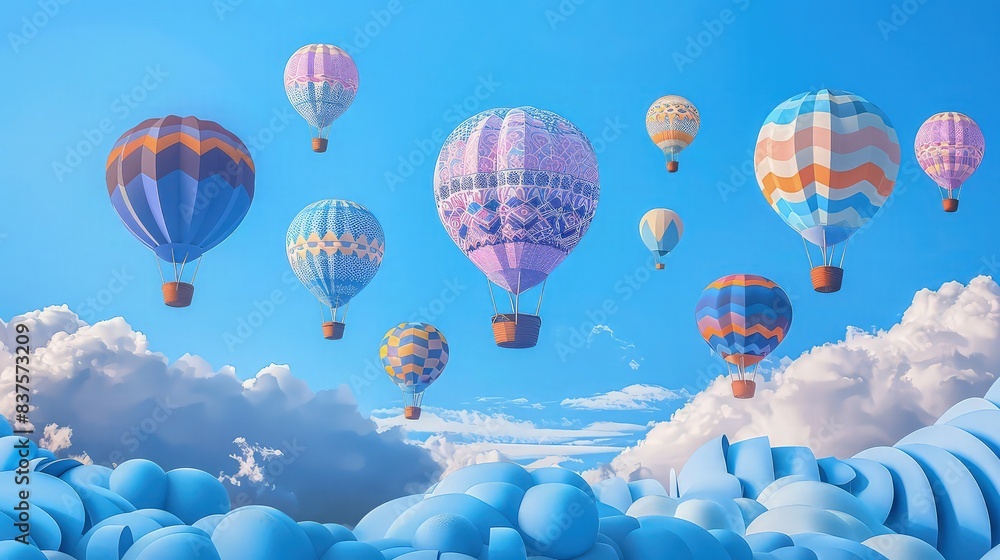 Obraz premium Numerous patterned hot air balloons float upward through a light blue atmosphere above soft white and blue cloud formations, suitable for marketing design.