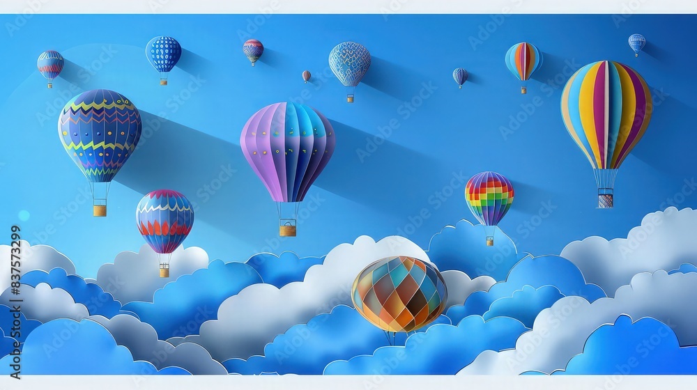 Fototapeta premium Multiple colorful hot air balloons ascend above stylized blue clouds, creating a whimsical scene ideal for travel advertising copy space.