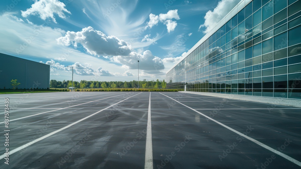 parking lot in front of modern business center building parking lot in front of modern business center building