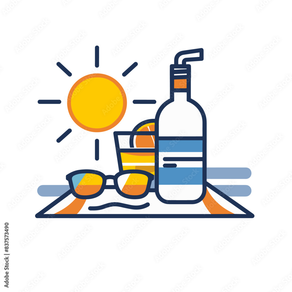 A logo design featuring sunglasses, a beach towel and a drink bottle on the sand under the sun A logo design featuring sunglasses, a beach towel and a drink bottle on the sand under the sun