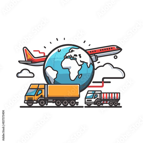 Illustration of global logistics, cargo plane and truck on globe