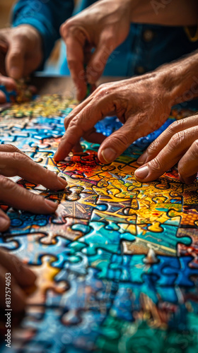 International Team Collaborating on Colorful Puzzle Pieces Together as a Concept of Teamwork  Diversity  and Problem-Solving in a Positive Group Activity