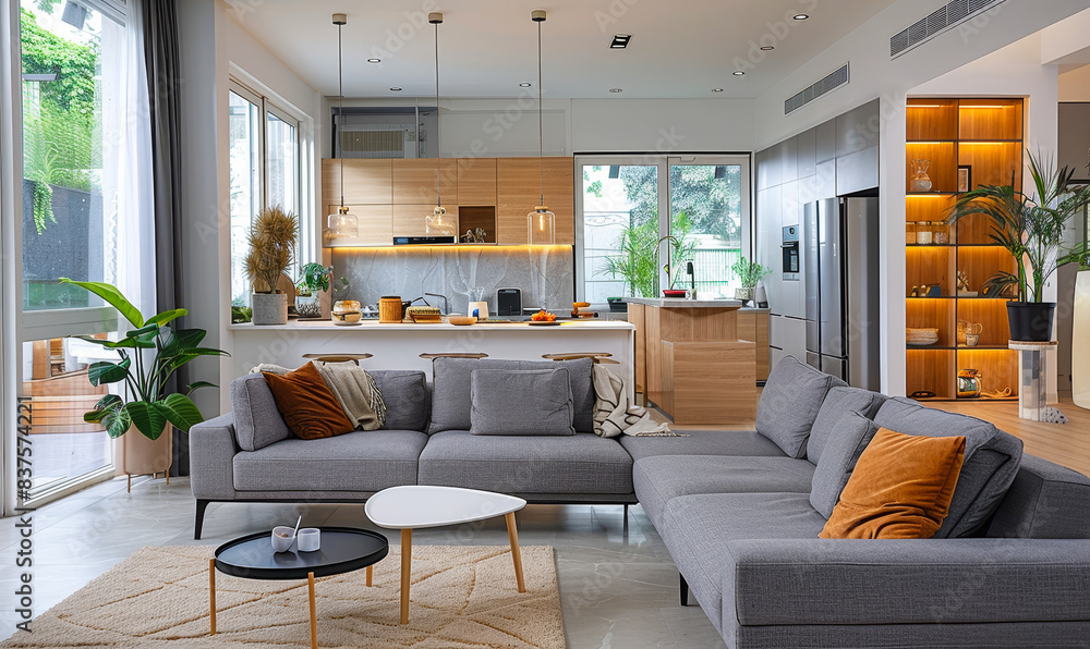 Luxurious Modern Apartment Interior with Open-Concept Kitchen and Living Room, Stylish Gray Couch, Wooden Accents, Daylight Setting, and Trendy Home Design for Urban Living Inspiration Luxurious Modern Apartment Interior with Open-Concept Kitchen and Living Room, Stylish Gray Couch, Wooden Accents, Daylight Setting, and Trendy Home Design for Urban Living Inspiration
