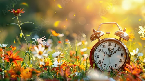 Daylight Saving Time Ends: Alarm Clock with Summer Flowers and Autumn Leaves, Marking the Transition from Summer to Fall