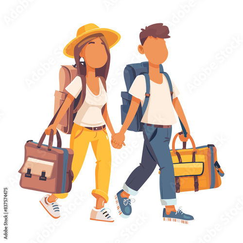 A couple is walking hand in hand, pulling suitcases behind them, in the cartoon style