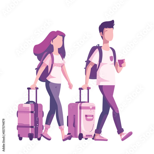 A young couple traveling with luggage, in a flat design illustration, vector graphic