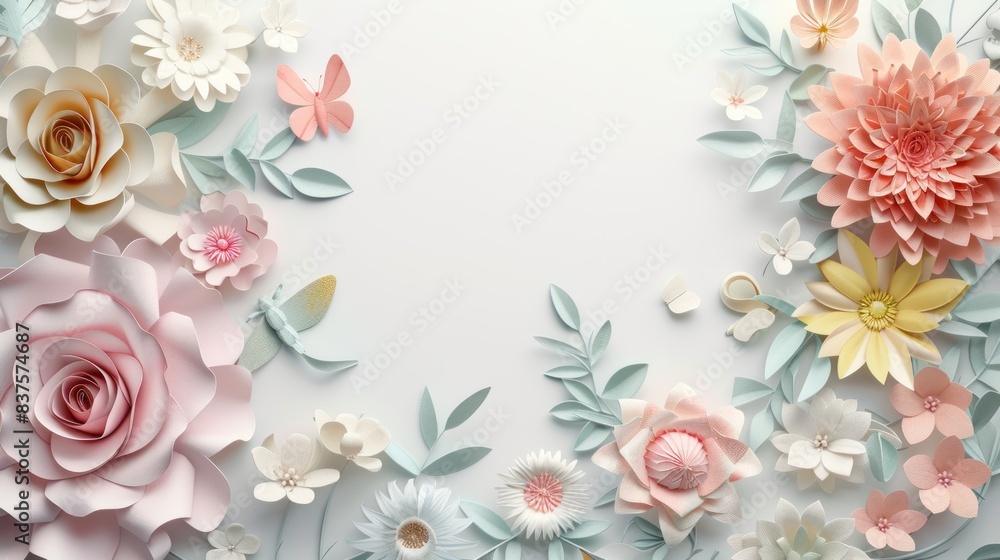Horizontal paper flower frame image with 3D copy space. Horizontal paper flower frame image with 3D copy space.