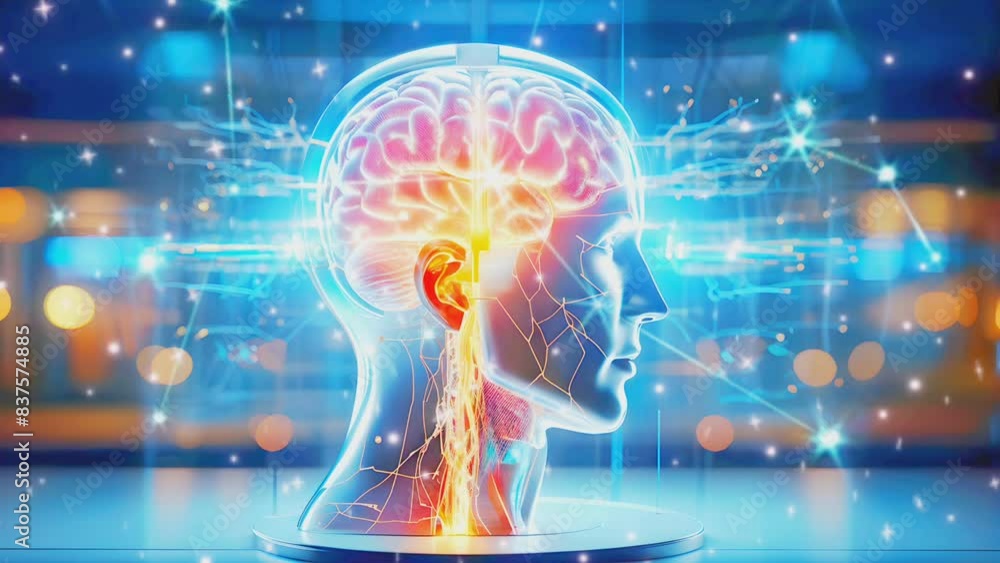 3D Animation of Human Head Rotating. Technology Interface. Electrical Impulses Shinning inside the brain. Synapse, Neuroimaging, Brain Mapping 3D Animation of Human Head Rotating. Technology Interface. Electrical Impulses Shinning inside the brain. Synapse, Neuroimaging, Brain Mapping