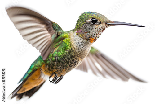 A hummingbird hovering in mid-air, wings blurred, isolated on a white background