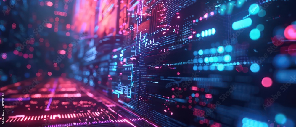 futuristic tech data security scene with neon lights and holographic displays, featuring an advanced gaming setup futuristic tech data security scene with neon lights and holographic displays, featuring an advanced gaming setup