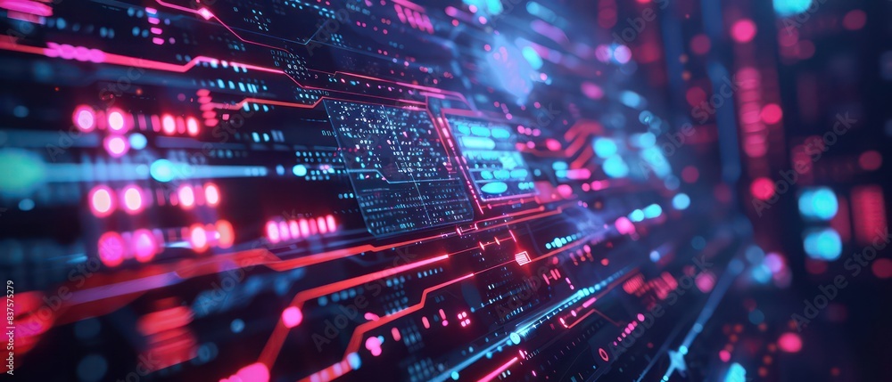 futuristic tech data security scene with neon lights and holographic displays, featuring an advanced gaming setup futuristic tech data security scene with neon lights and holographic displays, featuring an advanced gaming setup