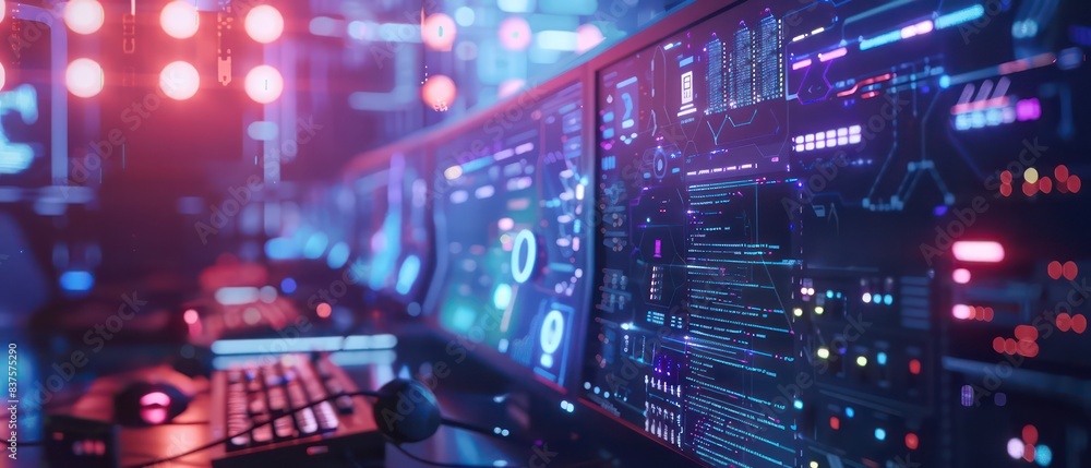 futuristic tech data security scene with neon lights and holographic displays, featuring an advanced gaming setup futuristic tech data security scene with neon lights and holographic displays, featuring an advanced gaming setup