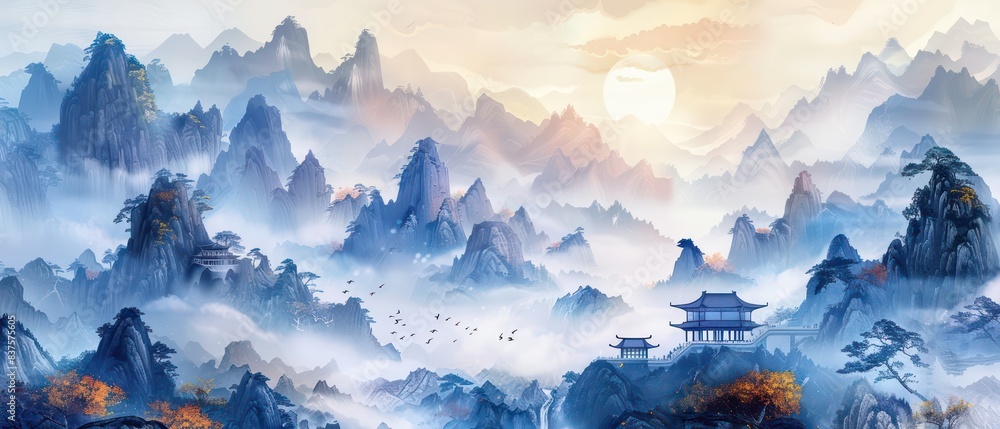 deep blue mountains, romantic sky, asian ink landscape painting deep blue mountains, romantic sky, asian ink landscape painting