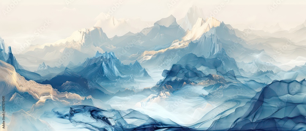 deep blue mountains, romantic sky, asian ink landscape painting deep blue mountains, romantic sky, asian ink landscape painting