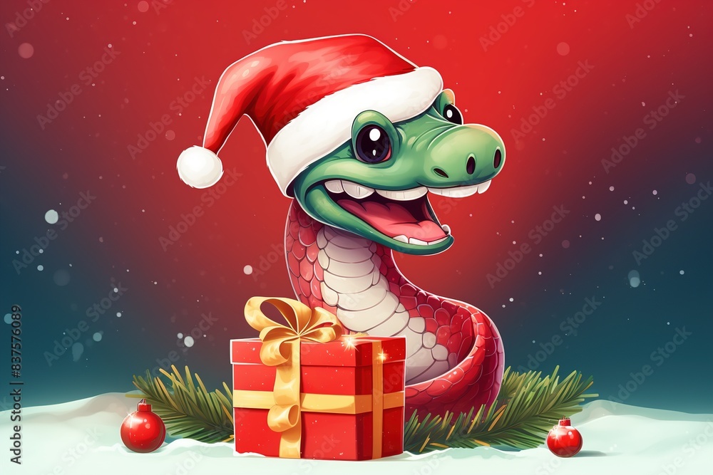 Cute cartoon snake (symbol of the year 2025) in a Santa hat with a Christmas gift, box, on a red background. illustration. The meeting of the new year 2025. Cute cartoon snake (symbol of the year 2025) in a Santa hat with a Christmas gift, box, on a red background. illustration. The meeting of the new year 2025.
