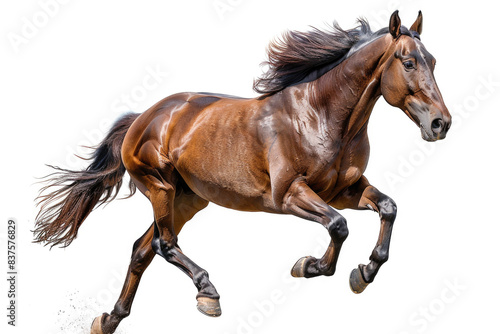 A horse galloping at full speed, mane flowing, isolated on a white background © Venka