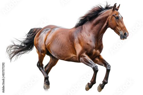 A horse galloping at full speed  mane flowing  isolated on a white background
