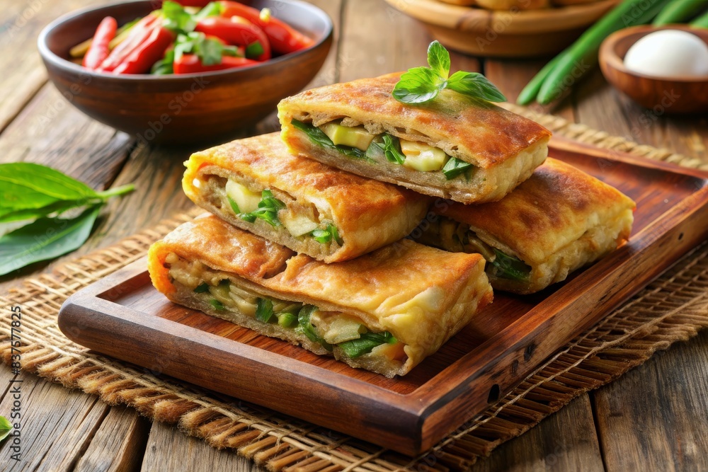 Martabak Telor or Martabak Telur. Savory pan-fried pastry stuffed with egg, meat and spices. Martabak Telur is one of Indonesia street food