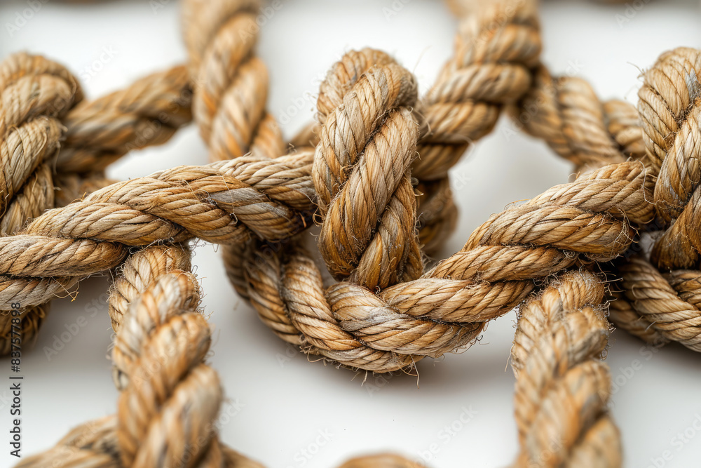 Connected concept , Different ropes tied isolate on white with clipping path,generative ai Connected concept , Different ropes tied isolate on white with clipping path,generative ai