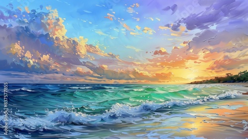An oil painting illustration of a peaceful sunset at a beautiful beach  with the sky painted in vivid colors and the gentle waves kissing the pristine shore.