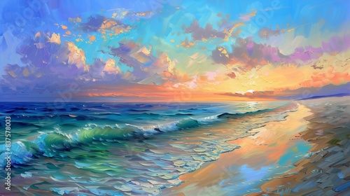 An oil painting illustration of a peaceful sunset at a beautiful beach  with the sky painted in vivid colors and the gentle waves kissing the pristine shore.