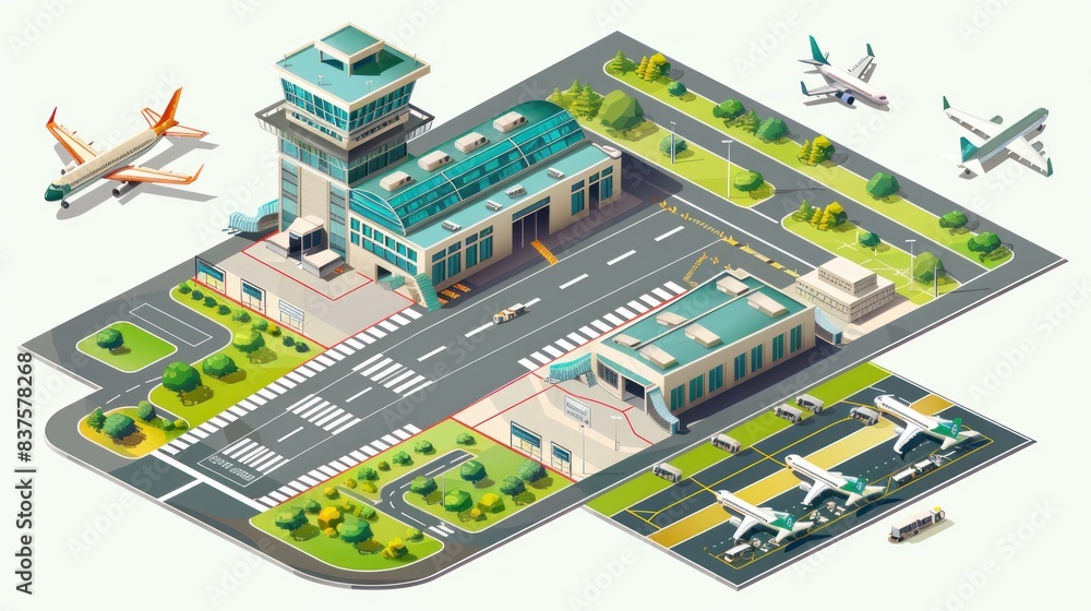 3D airport building and runway, airplanes taking off International airport terminal 3D airport building and runway, airplanes taking off International airport terminal