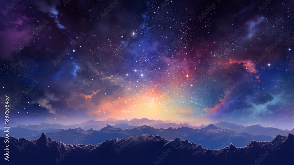 Naklejka premium A beautiful night sky with a mountain range in the background