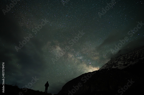 Photography Starry night sky with snow capped mountain and milky way in Himalayas, Himachal