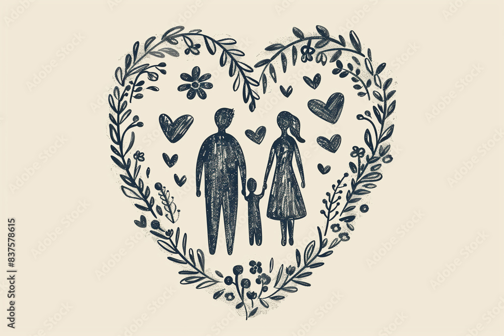 Fototapeta premium A family illustration enclosed in a heart-shaped floral frame, symbolizing love, unity, and togetherness.