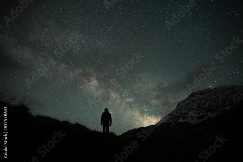 Stargazing Human in  Universe, a boy under milky way, Himalayas, Stars, mountain, snow, Lahaul, Himachal Pradesh, India, 