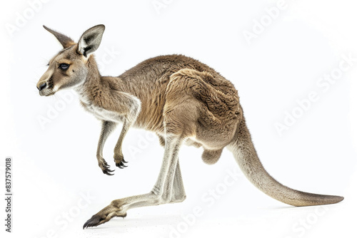 A kangaroo captured mid-jump, legs extended, isolated on a white background